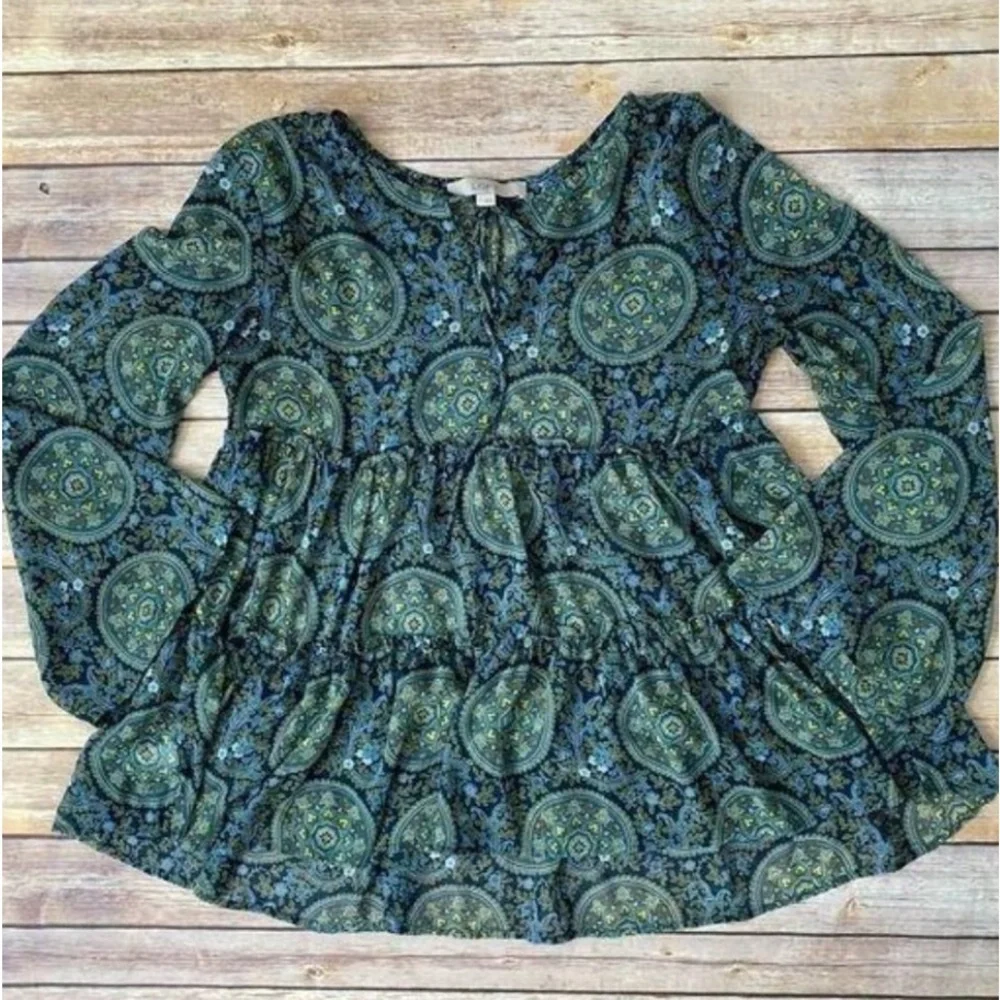 LOFT Geo Print Sheer Ruffle Tier Blouse Size Medium - Picture 2 of 5